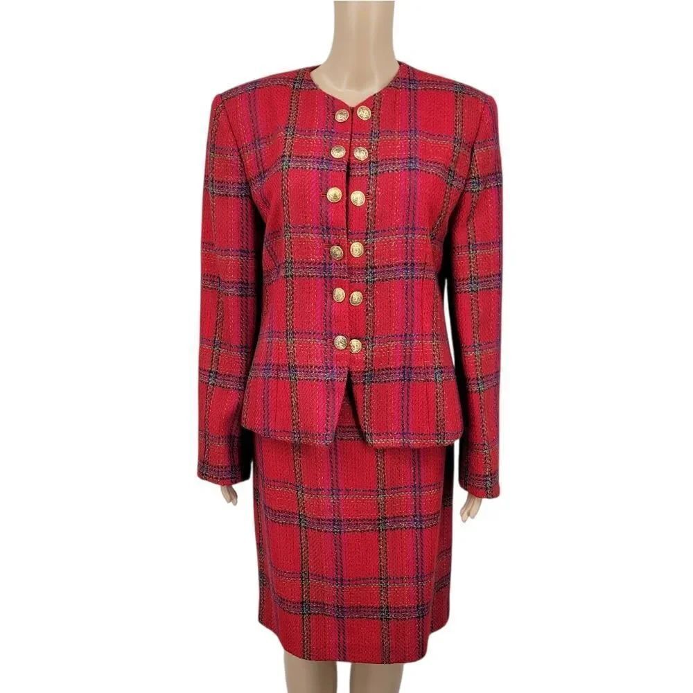 Ellen Tracy Red Plaid Blazer Double Breasted Gold Buttons Skirt Suit Set Tweed